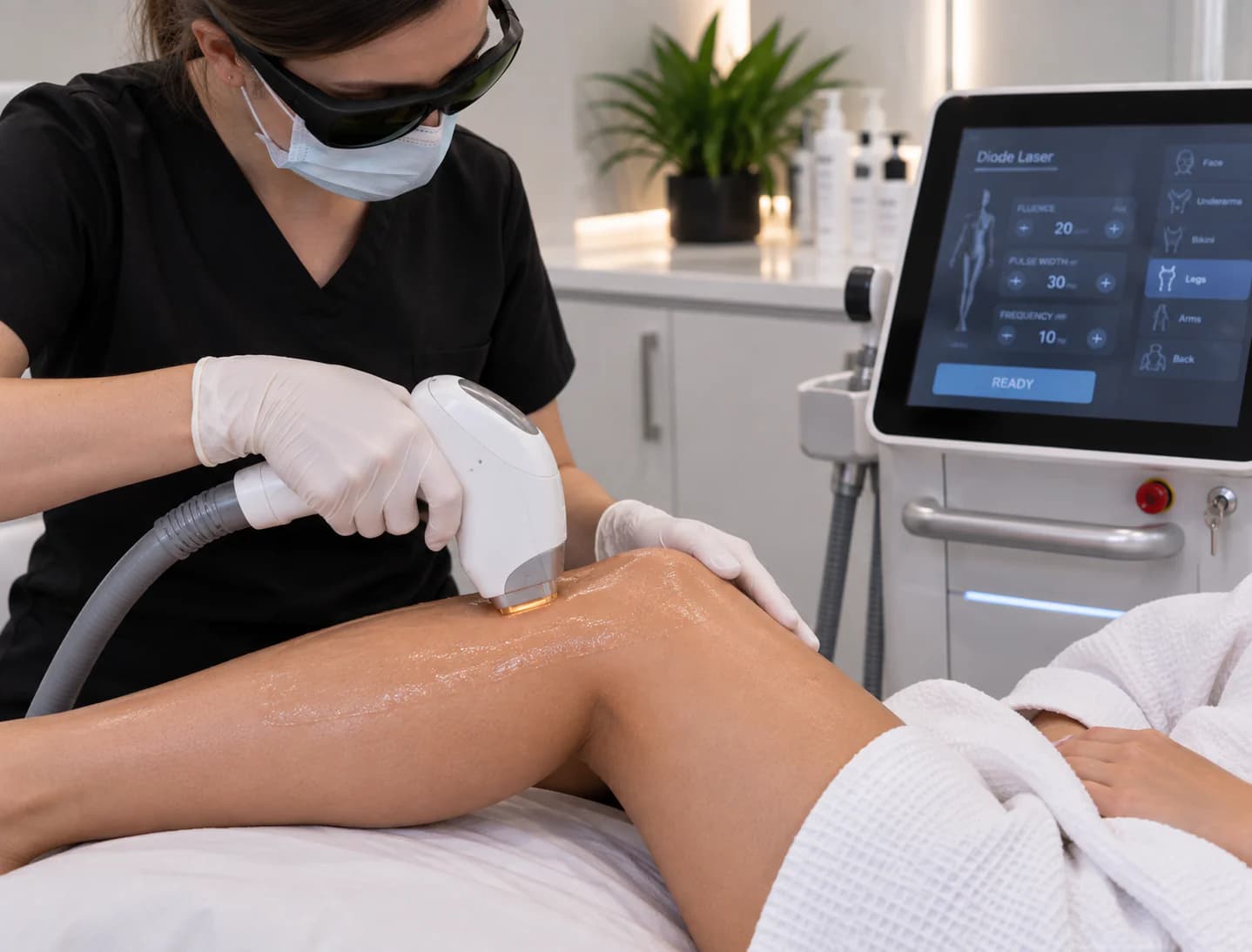 Practitioner carrying out diode laser hair removal on the leg