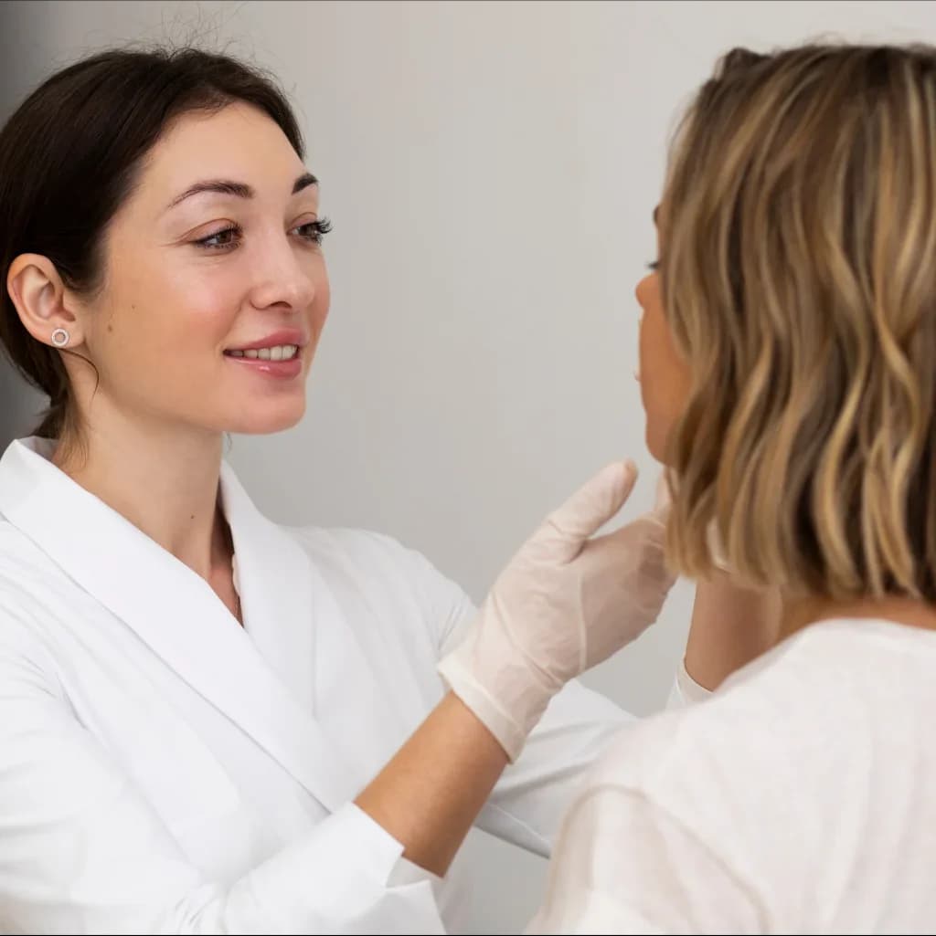 Practitioner assessing a client's skin during a consultation