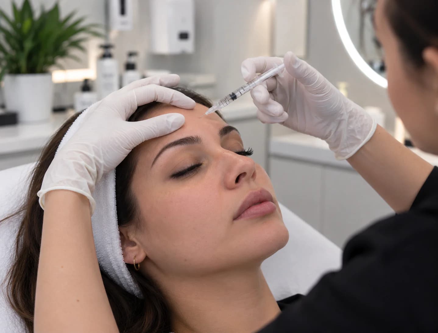 Practitioner giving an anti-wrinkle injection to the forehead in the treatment room