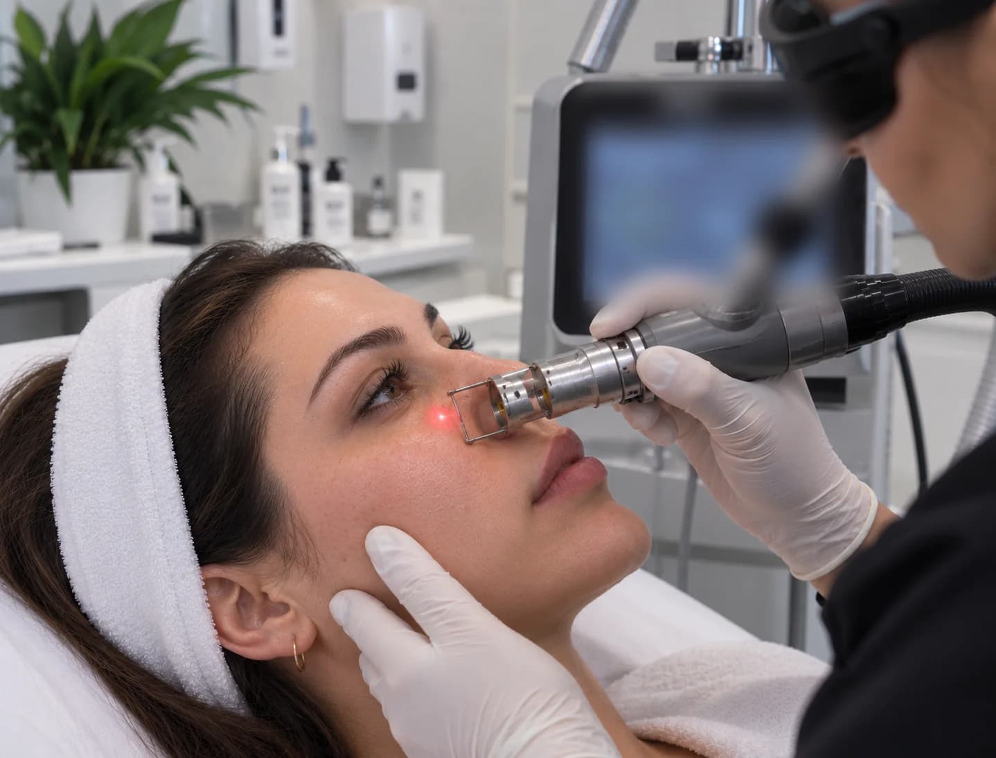 Practitioner carrying out fractional CO2 laser skin resurfacing on a client's face