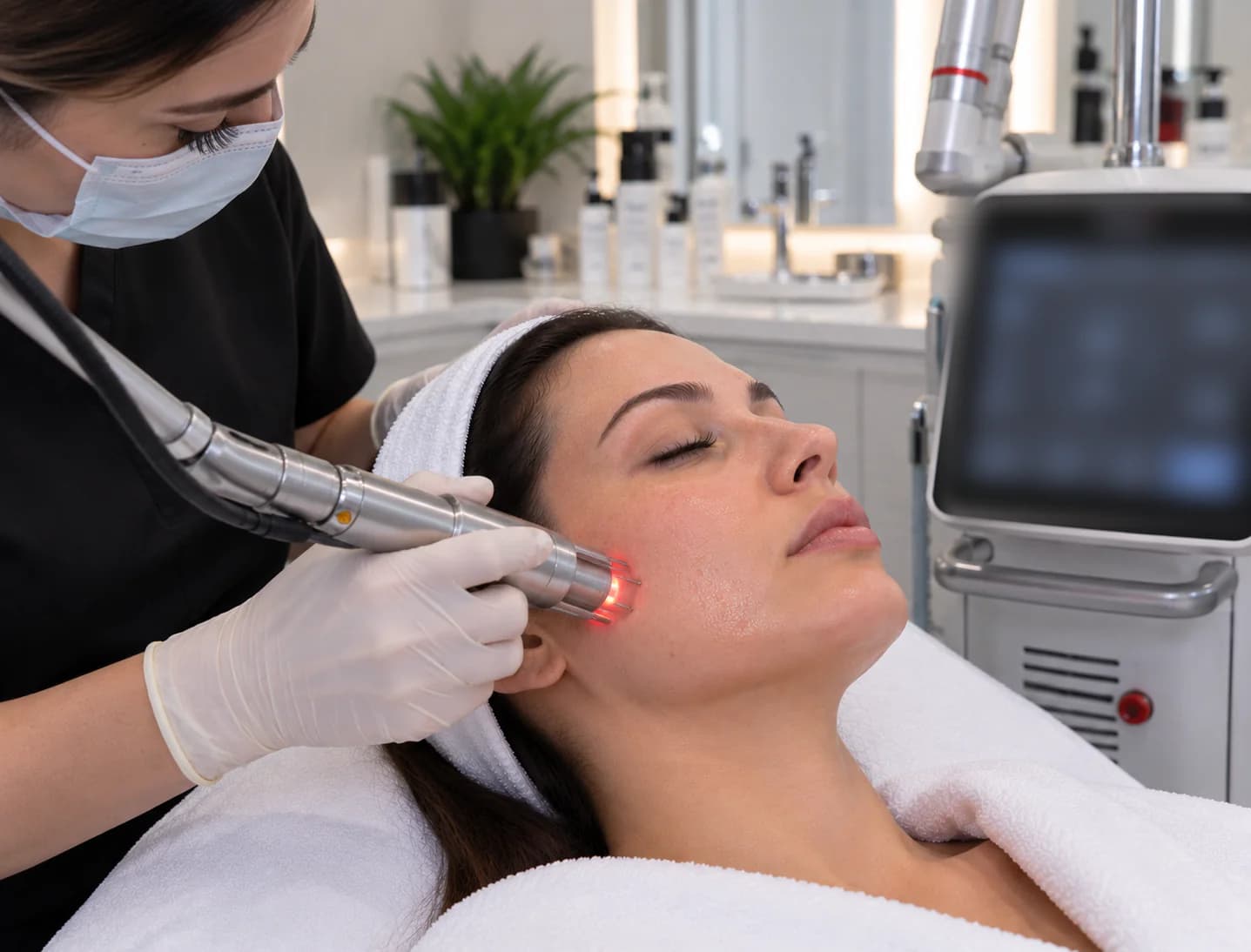 Practitioner carrying out Endolaser skin tightening along the jawline