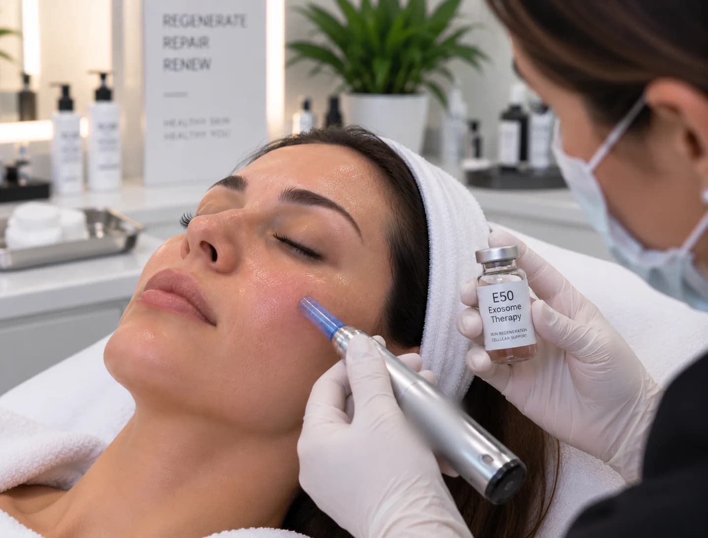 Practitioner applying E50 exosome serum with a microneedling pen