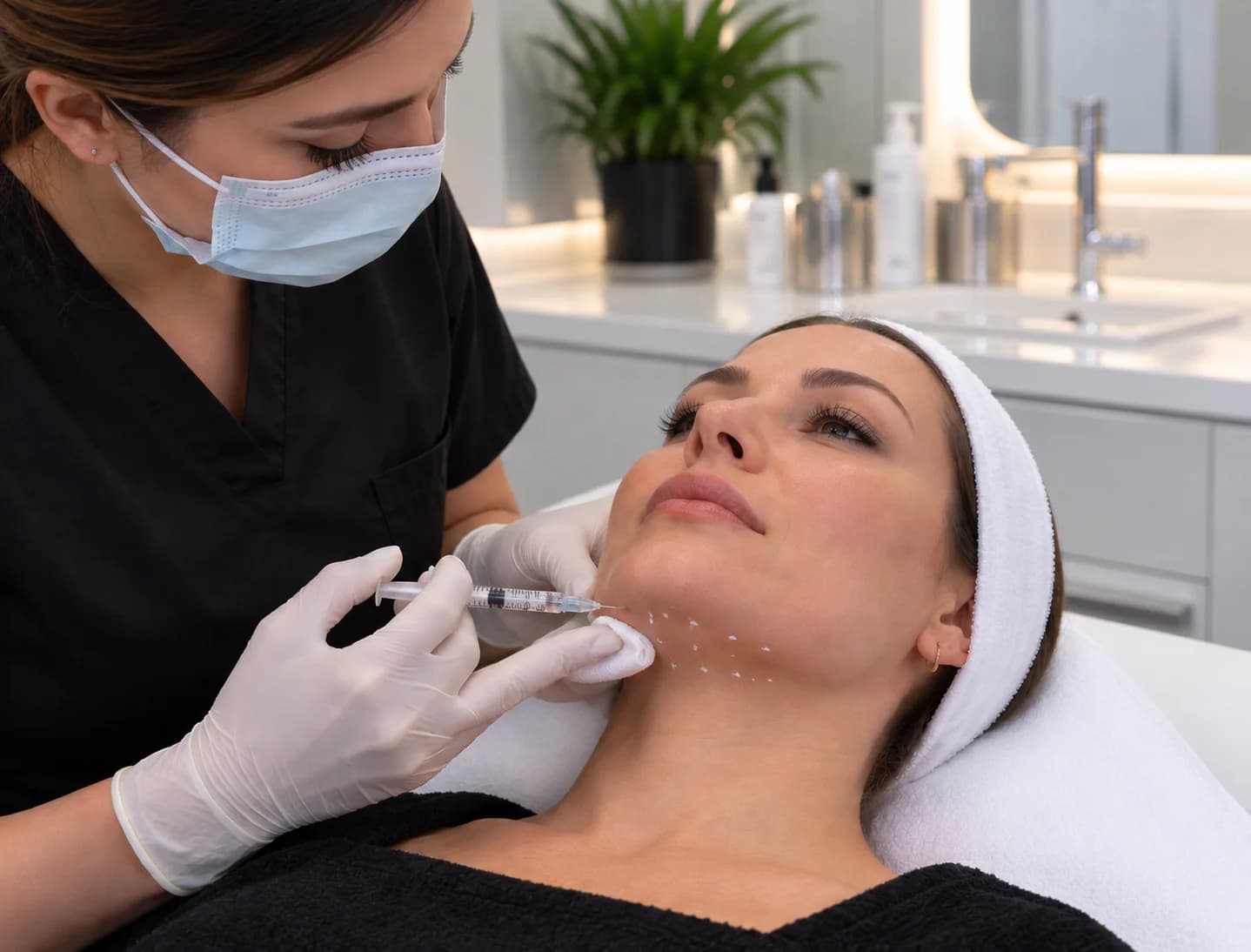 Practitioner giving fat dissolving injections under the chin