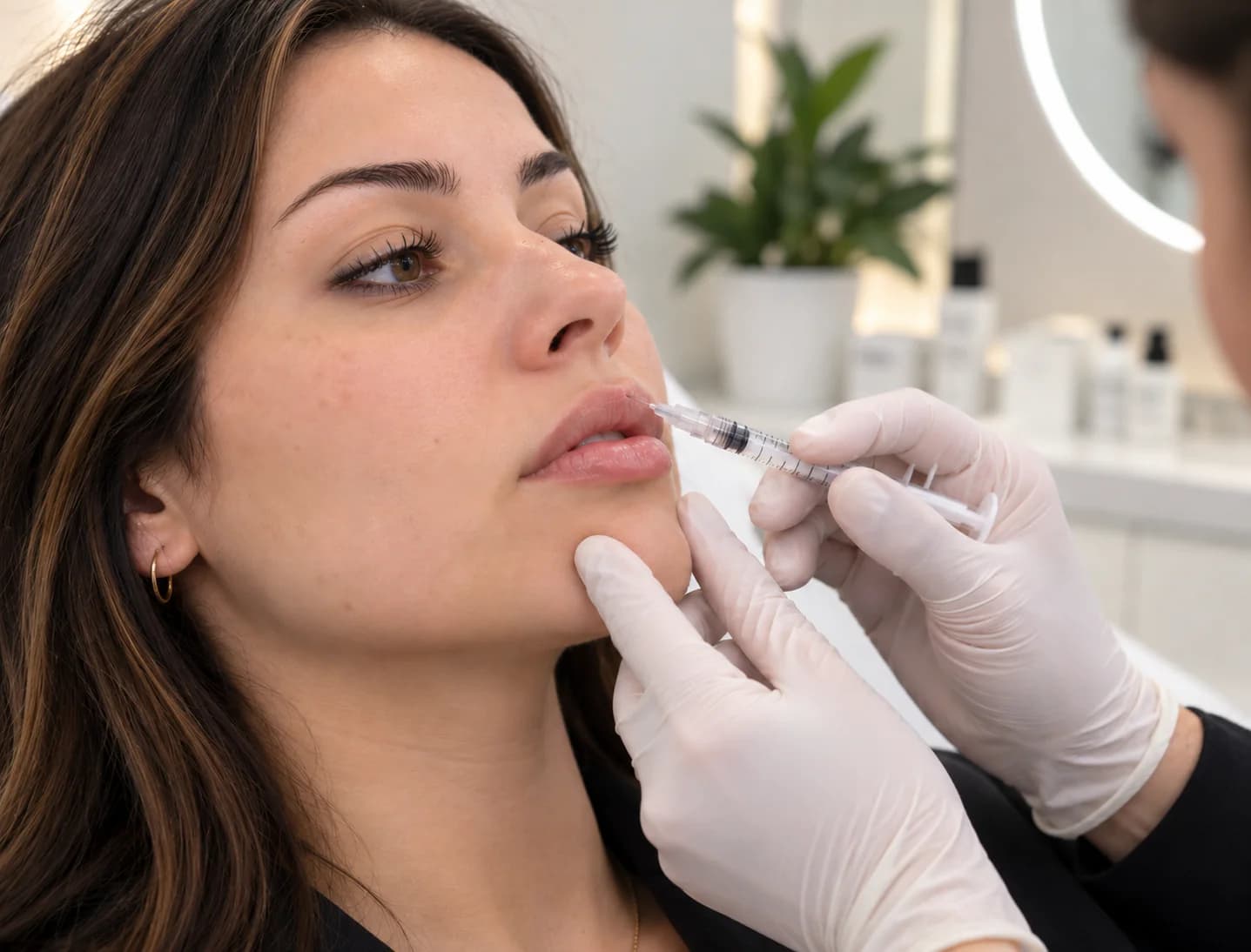 Practitioner in gloves giving a lip filler treatment in the clinic