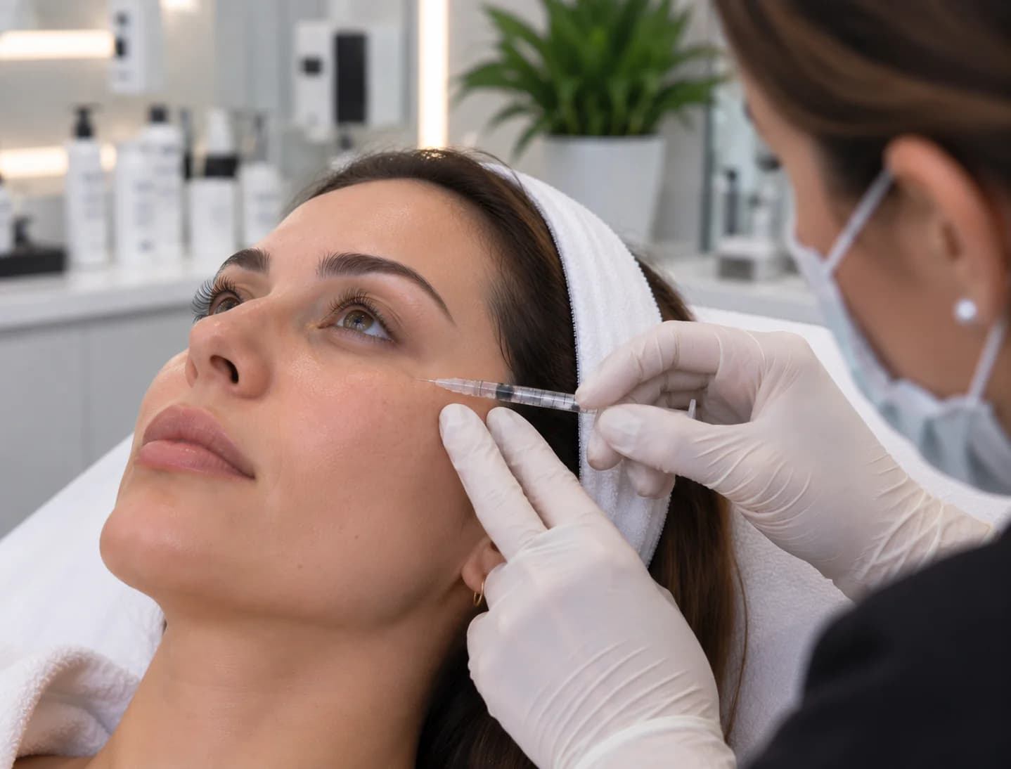 Practitioner giving a fine polynucleotide injection to the under-eye and cheek area