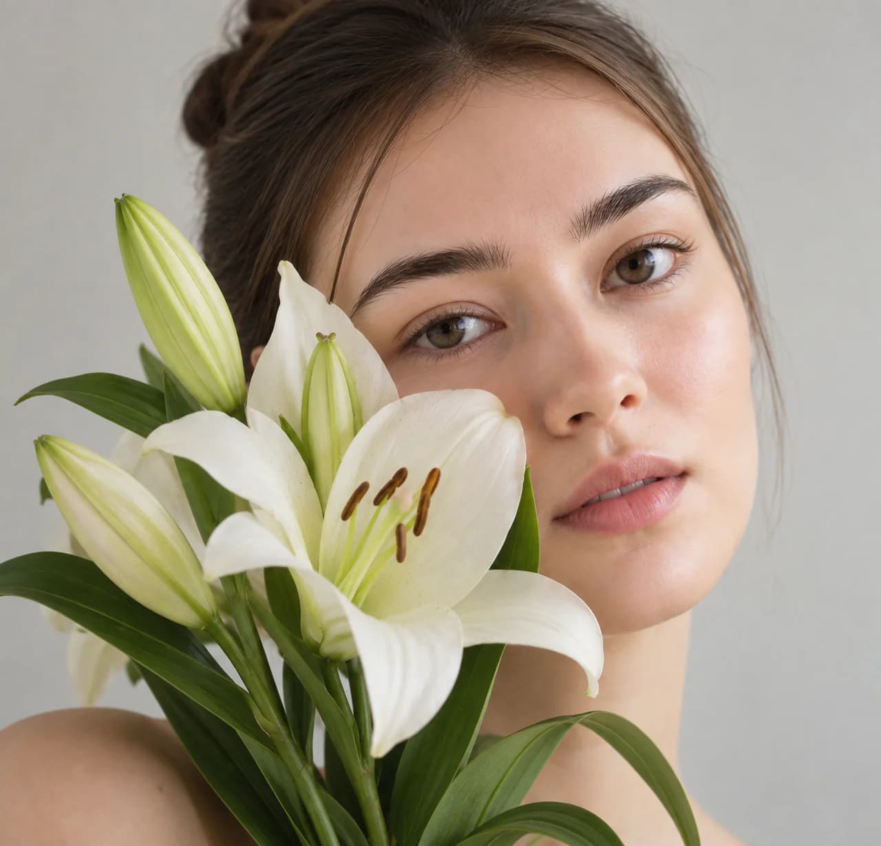 Woman with smooth, radiant skin holding white lilies