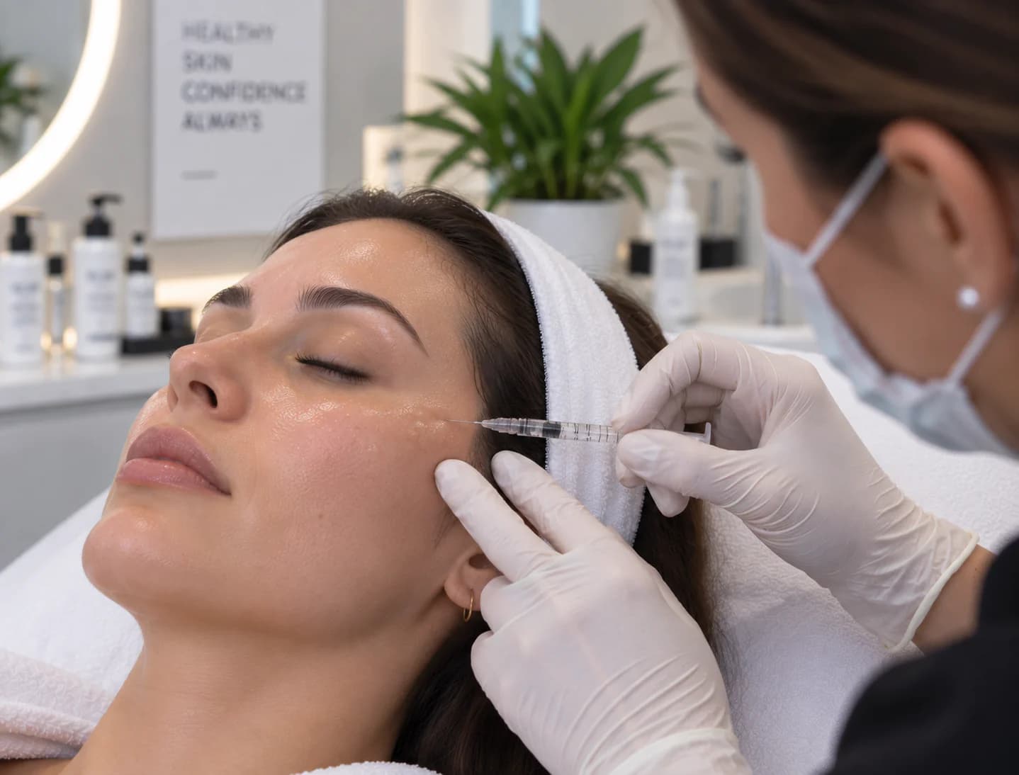 Practitioner giving a skin booster injection to the cheek