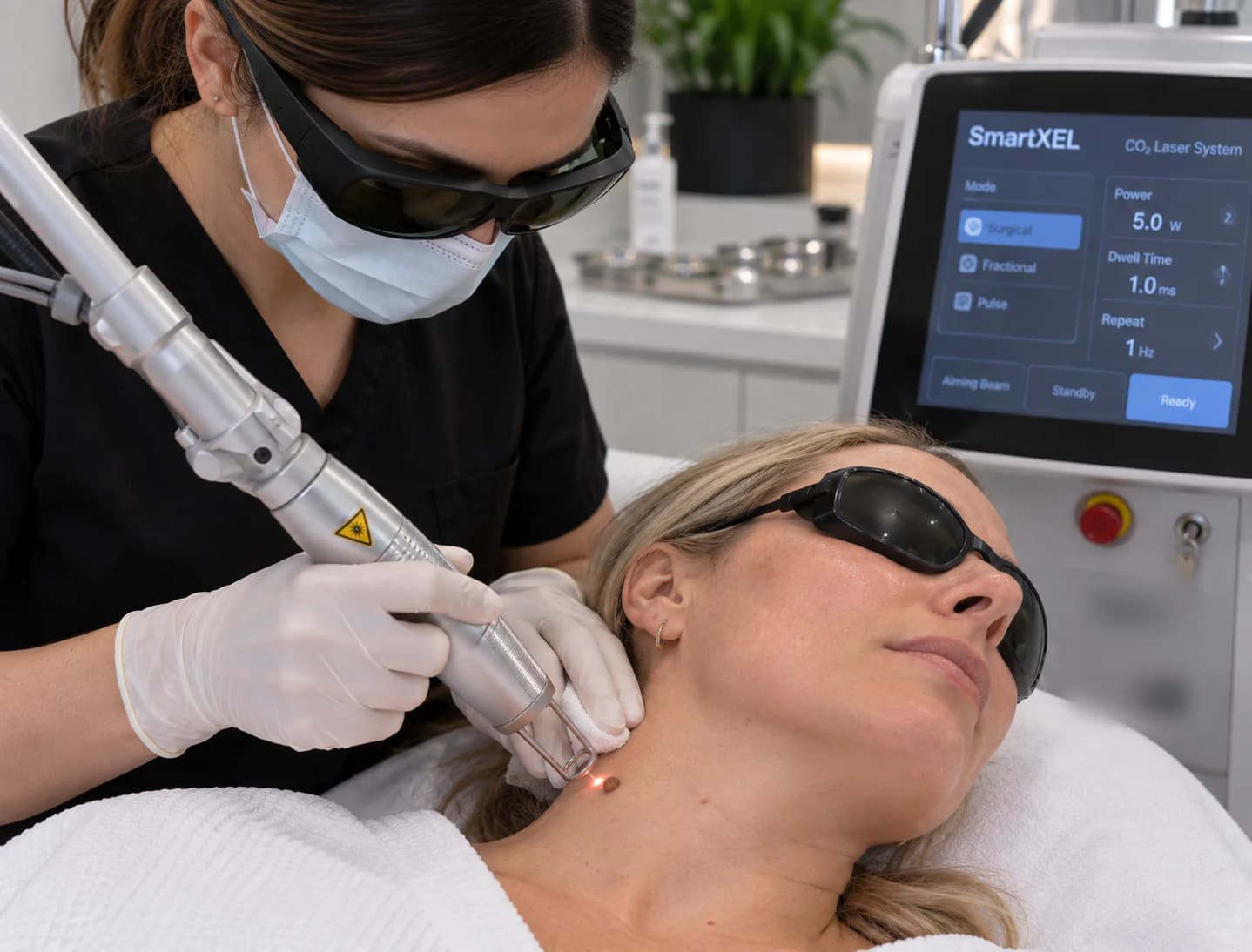 Practitioner removing a skin lesion on the neck with a precision CO2 laser