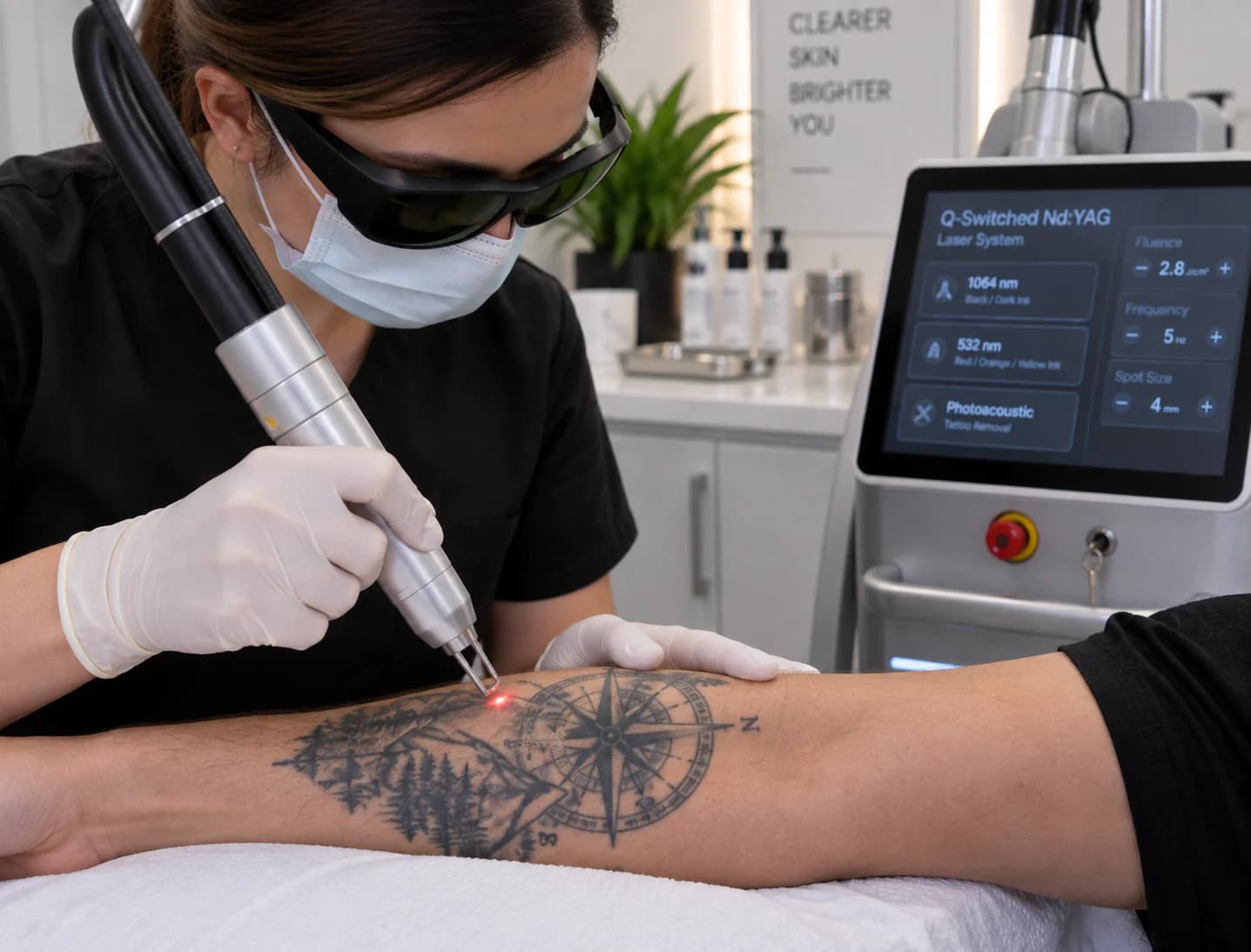 Practitioner carrying out laser tattoo removal on the forearm