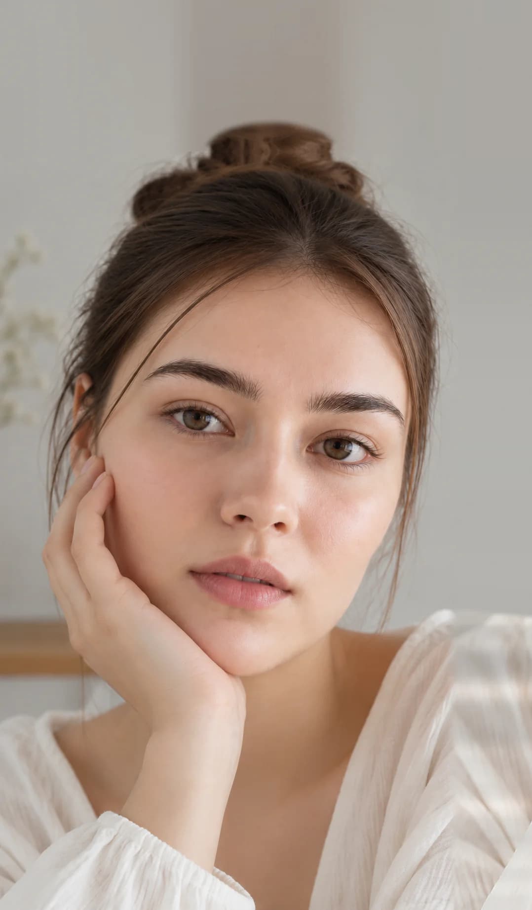 Woman with natural, fresh-looking skin resting her cheek on her hand