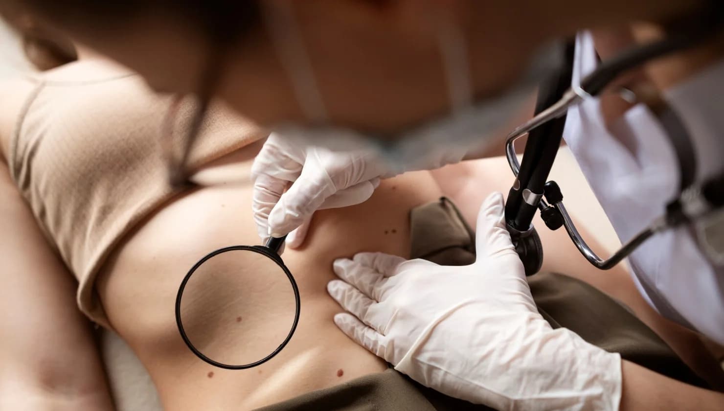 Skin lesion on the back being assessed